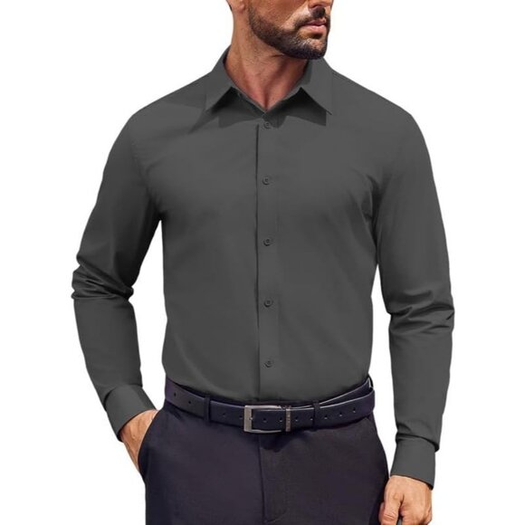 Coofandy Men Dark Grey Long Sleeve Formal Fit Business Button Down Shirts - Picture 1 of 7